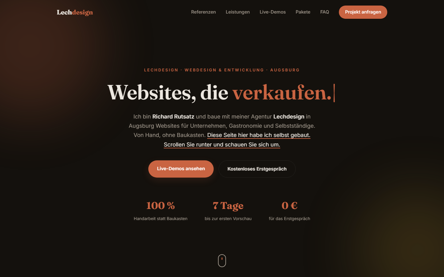 Screenshot der Lechdesign-Website: Portfolio mit animiertem Hero-Bereich, Webdesign aus Augsburg